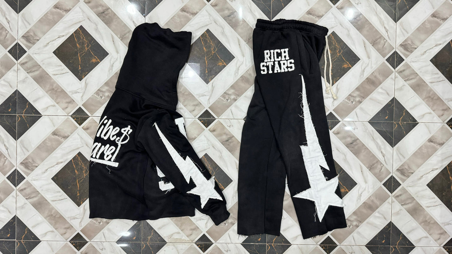 BLACK “RICH STARS” Distressed Oversized Flared Sets®️