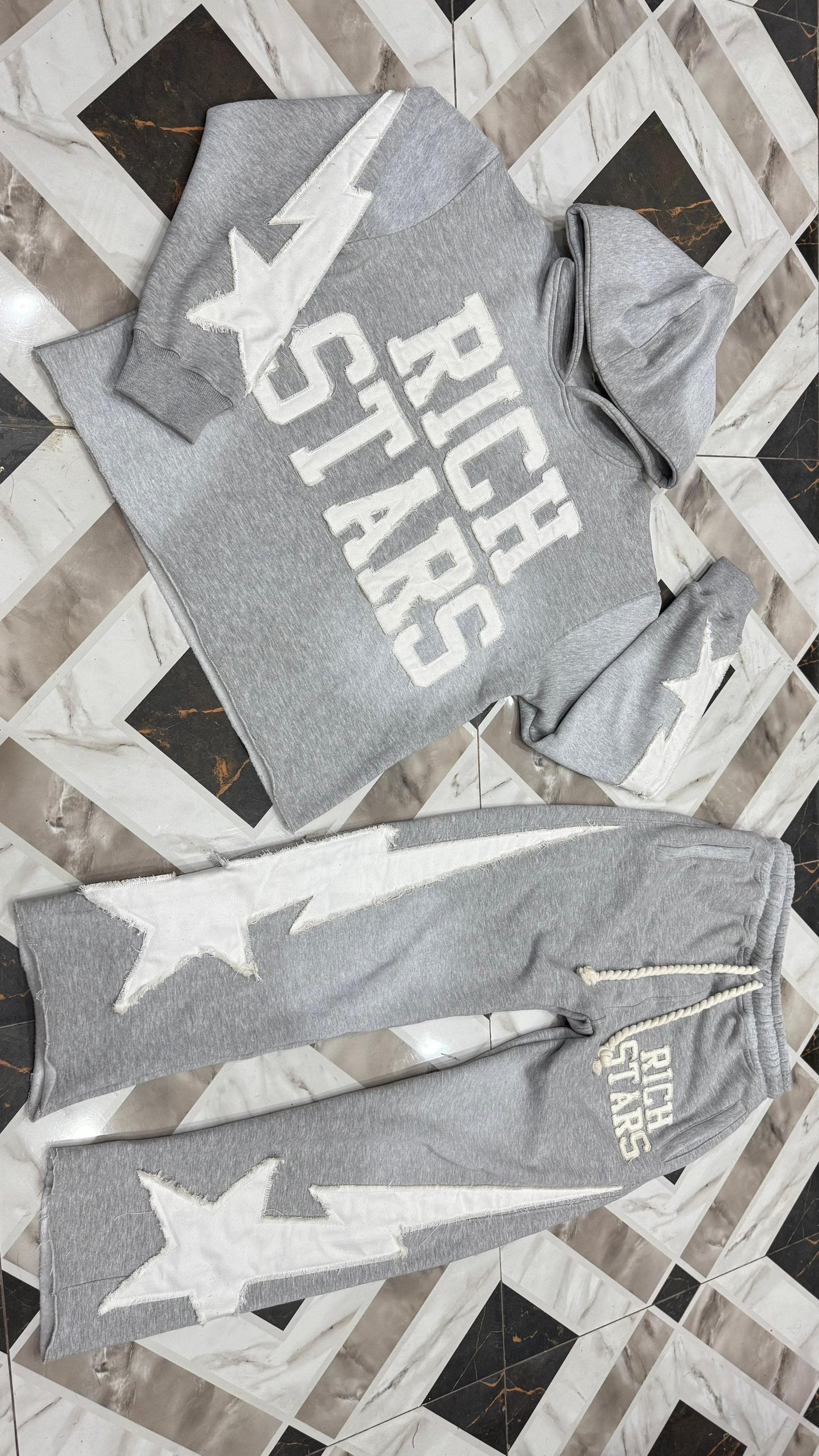 LIGHT GREY “RICH STARS” Distressed Oversized Flared Sets®️