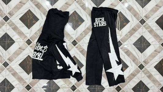 [PRE-ORDER] BLACK “RICH STARS” Distressed Oversized Flared Sets®️