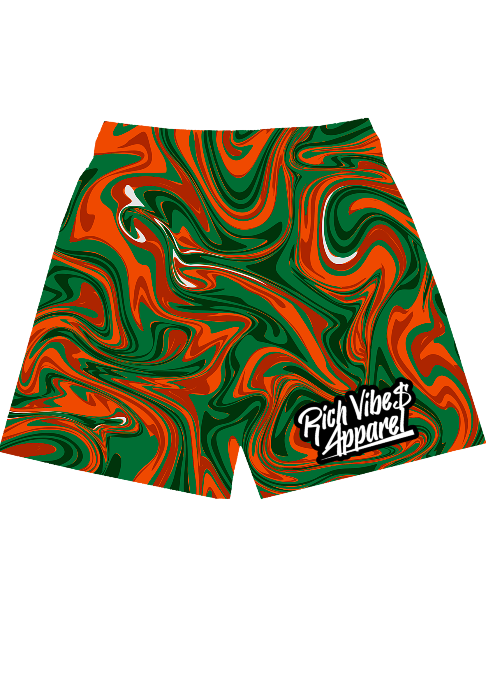 Orange/Forest Green Liquid Mesh Shorts 🔥🌲 - Rich Vibes Apparel