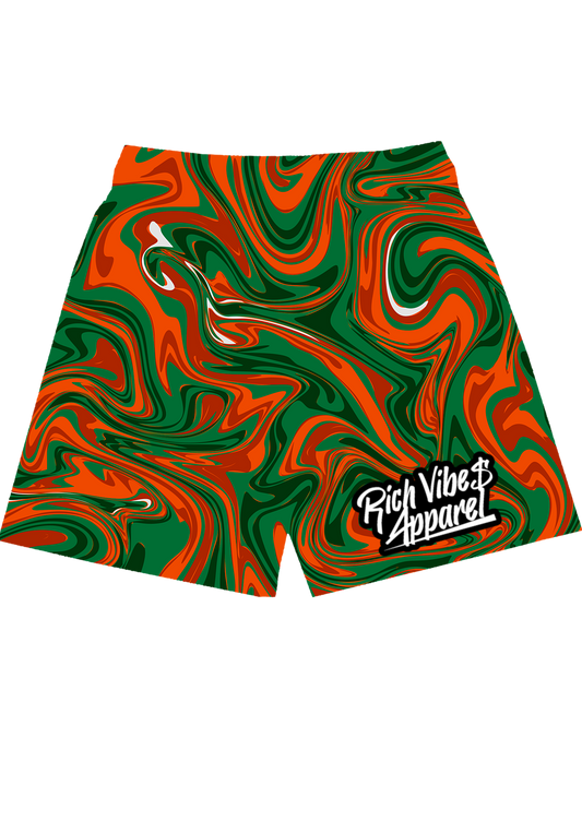 Orange/Forest Green Liquid Mesh Shorts 🔥🌲 - Rich Vibes Apparel