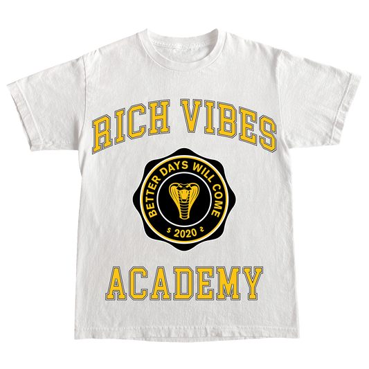 WHITE Rich Vibes Academy T-shirt' - Rich Vibes Apparel