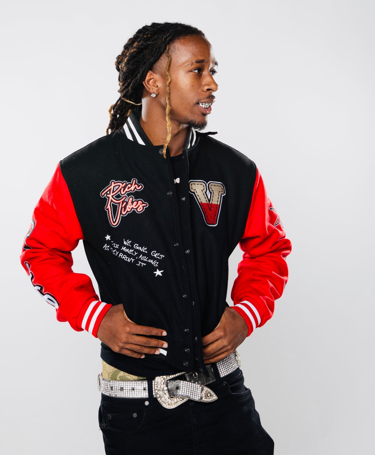 PREMIUM RICH VIBES VARSITY JACKET BLK/RED🔥🔥 - Rich Vibes Apparel