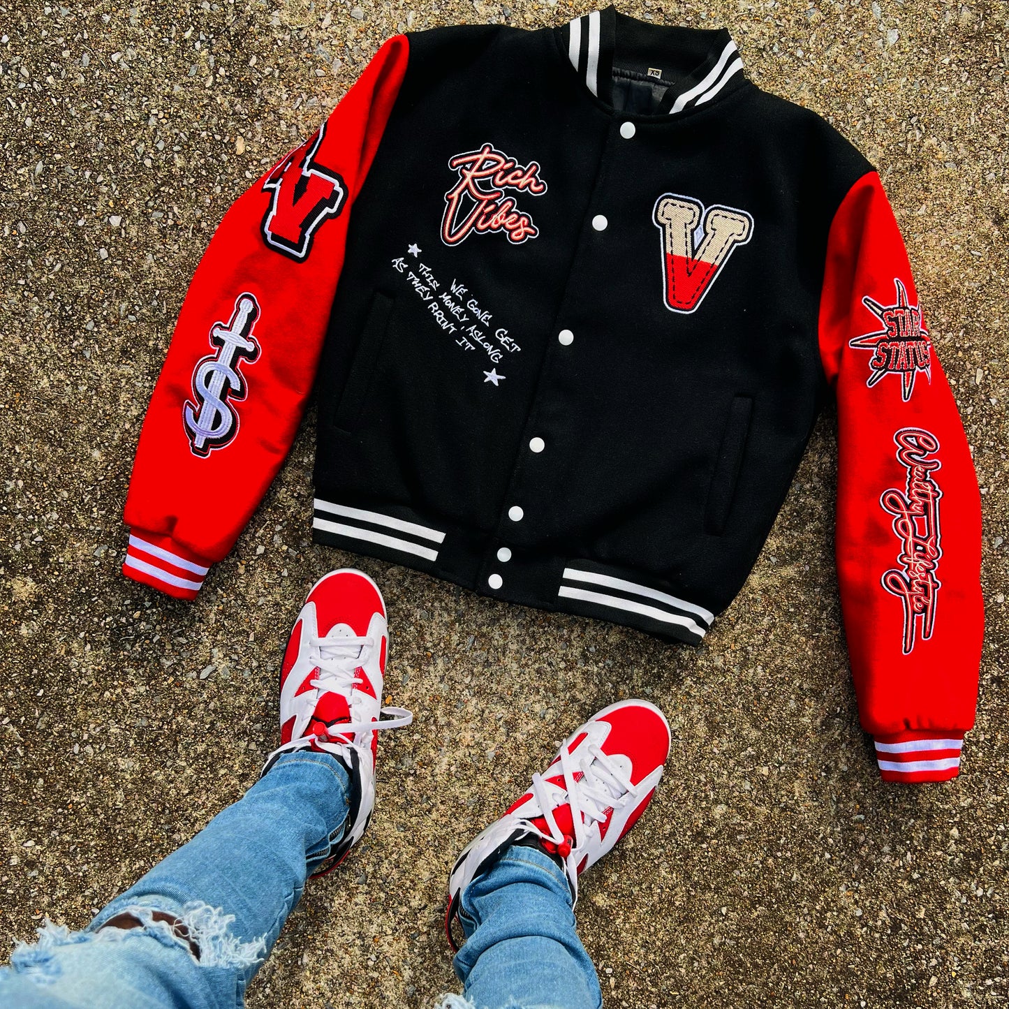 PREMIUM RICH VIBES VARSITY JACKET BLK/RED🔥🔥 - Rich Vibes Apparel