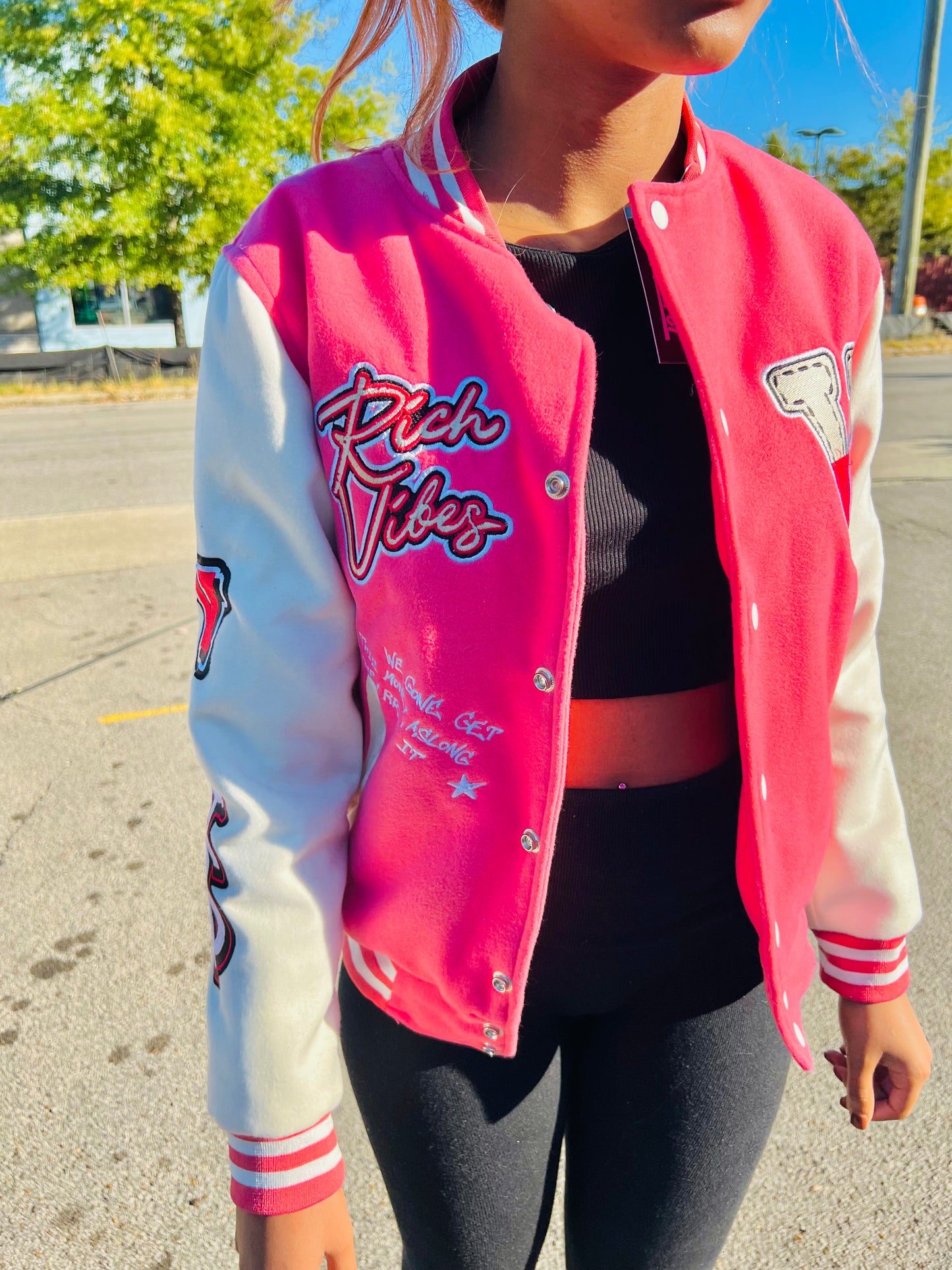 PREMIUM RICH VIBES VARSITY JACKET PINK 🔥🔥 - Rich Vibes Apparel